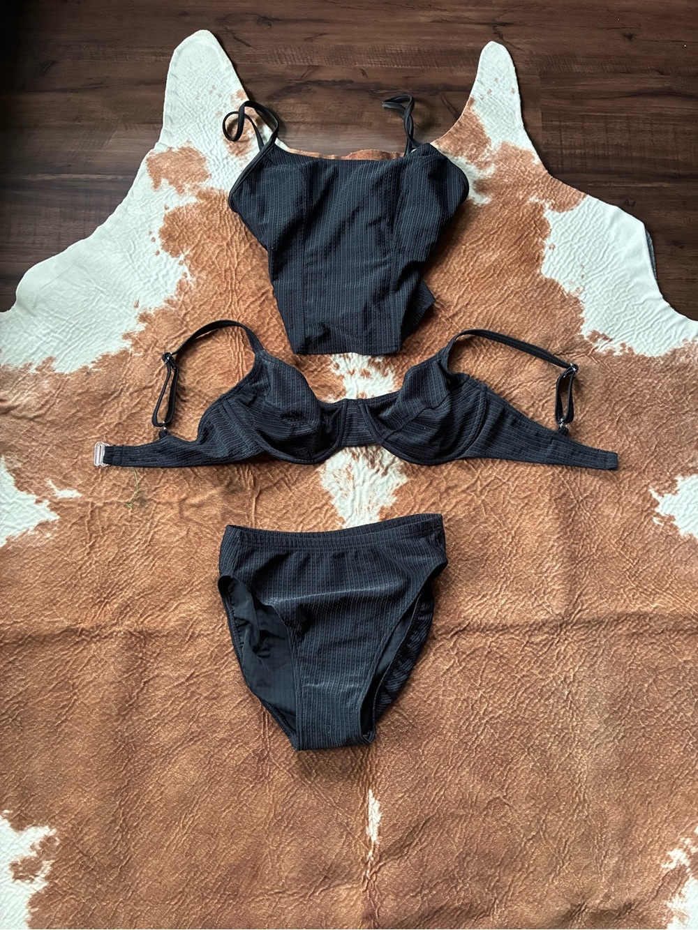 Black Three-Piece Textured Bikini Set